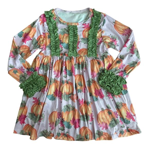 NWOT Pumpkin Leaf Fall Autumn Orange Crush Print Ruffle Top, leggings Set age 10 - Picture 4 of 14